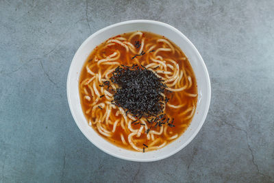 High angle view of soup in bowl on table