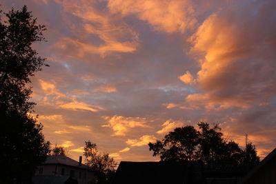 Low angle view of silhouette trees and buildings against sky during sunset