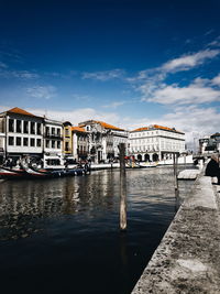 Sailboats moored on river by buildings against sky