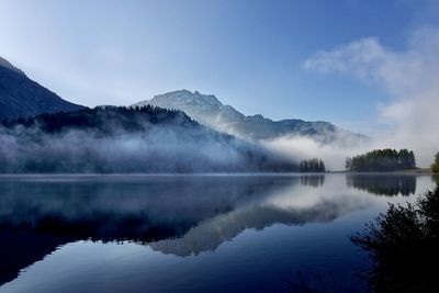 Scenic view of lake and mountains against sky