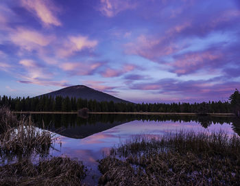 Scenic view of lake against sky at sunset