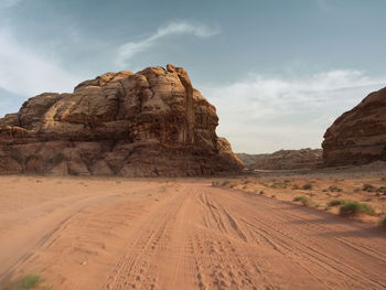 Rock formations in wadi rum desert against sky in jordan