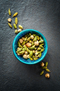 High angle view of fruits in bowl on table