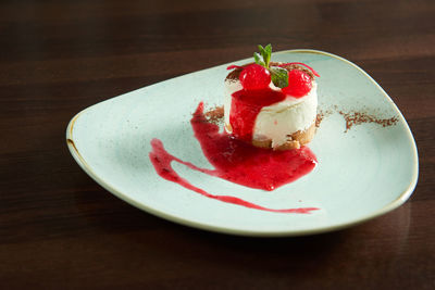 High angle view of dessert in plate on table