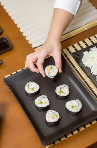 High angle view of sushi on table