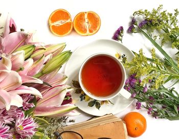 High angle view of tea served on table