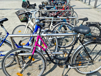 High angle view of bicycles parked in parking lot