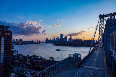 Panoramic view of city buildings against sky during sunset