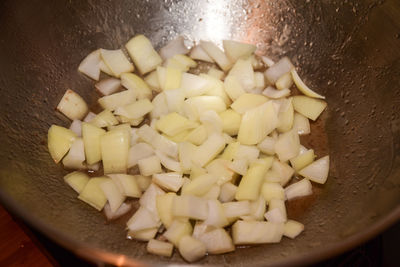 High angle view of chopped vegetables in bowl