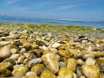 Rocks on beach against sky