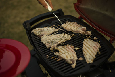 Close-up of meat on barbecue grill