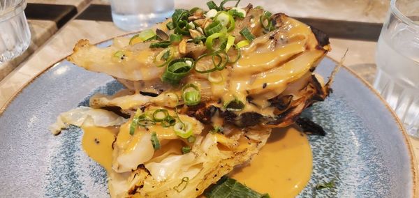 High angle view of food in plate