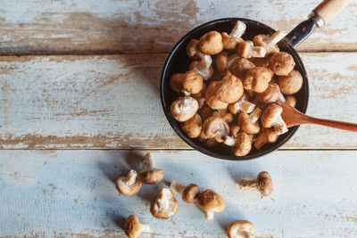 High angle view of cookies in bowl on table