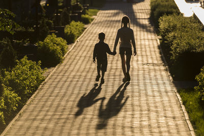 Rear view of brother and sister walking on footpath at park