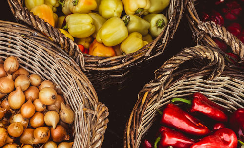 High angle view of fruits in basket for sale at market