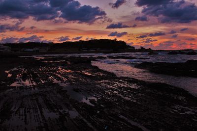 Scenic view of beach against sky during sunset