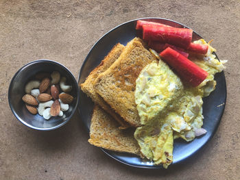 High angle view of breakfast served on table