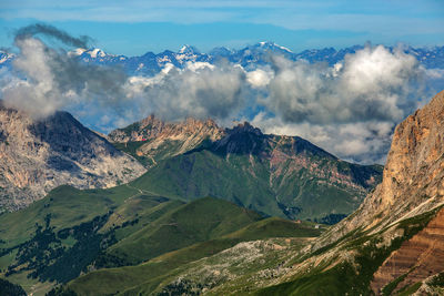 Aerial view of snowcapped mountains against cloudy sky