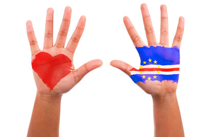 Close-up of human hand against white background