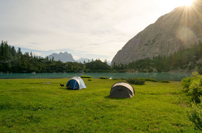 Good spot to pitch a tent, sorapiss lake in the dolomites