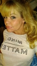 Portrait of smiling woman with text