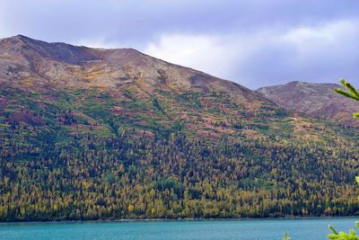 Scenic view of lake by mountains against sky