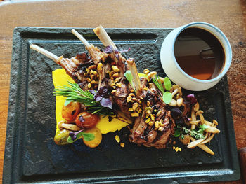 High angle view of food served on table