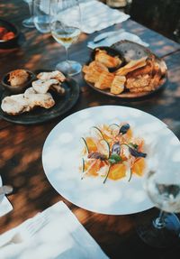 High angle view of food served on table