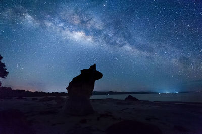 View of star field over beach at night