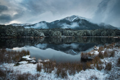 Tarn reflection after snowstorm 