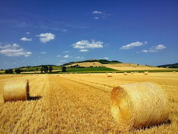 View of hay bales in field