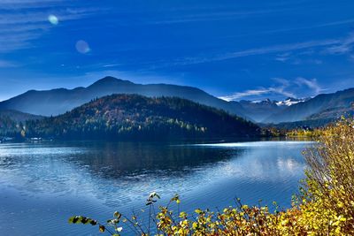 Scenic view of lake and mountains against sky