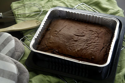 High angle view of chocolate cake in container