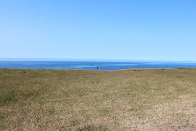 Scenic view of sea against clear blue sky