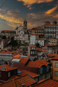 High angle view of townscape against sky at sunset