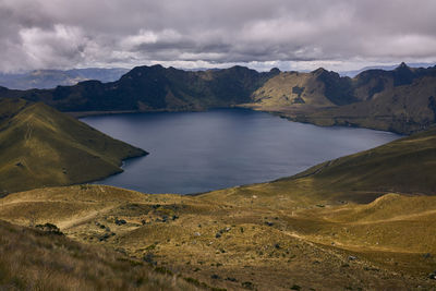 Scenic view of lake and mountains against sky