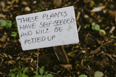 Close-up of information sign on field