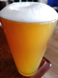 Close-up of beer glass on table