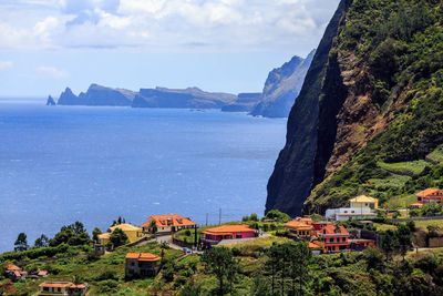 Panoramic shot of townscape by sea against sky