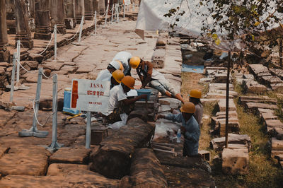 High angle view of working at construction site