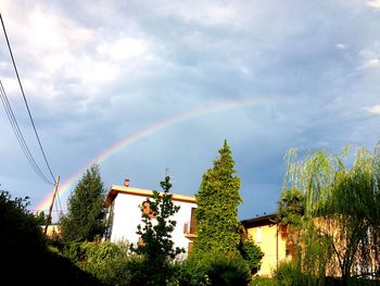 Low angle view of electricity pylon against cloudy sky