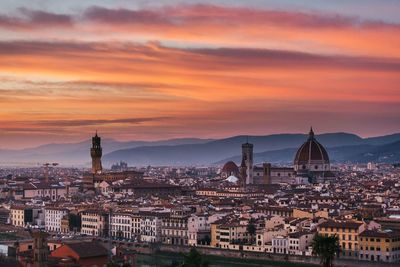 High angle view of city at sunset
