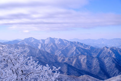 Scenic view of snowcapped mountains against sky