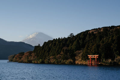 Scenic view of lake and mountains against clear sky