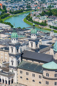 High angle view of buildings in town