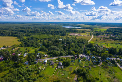 A view from a height to the village of bunkovo, ivanovo region, russia. photo taken from a drone.