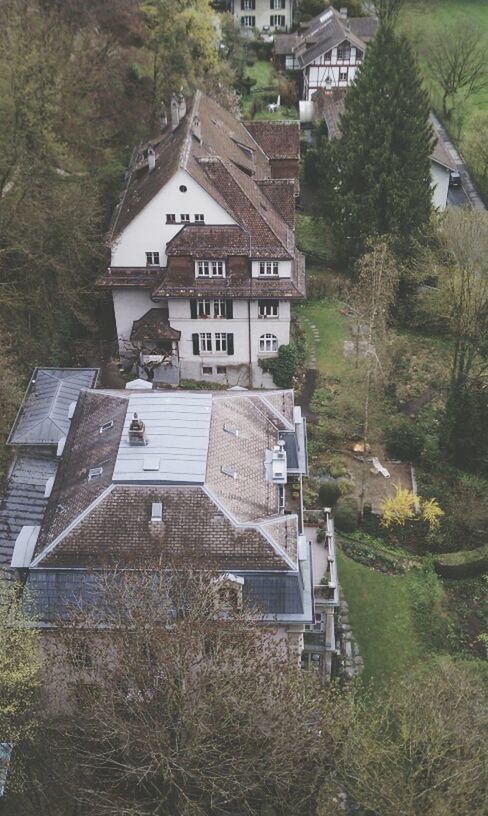 building exterior, architecture, built structure, tree, house, residential structure, residential building, day, high angle view, outdoors, roof, nature, no people, village, town, building, mountain, tranquility, grass, plant