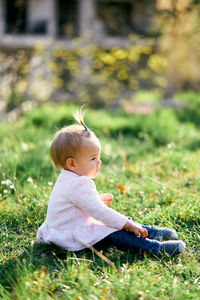 Cute boy sitting on grass in field