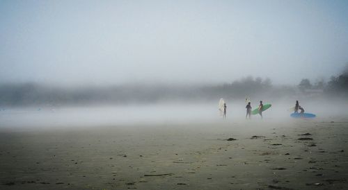 People with surfboards at beach during foggy weather