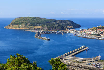 High angle view of bay against clear sky